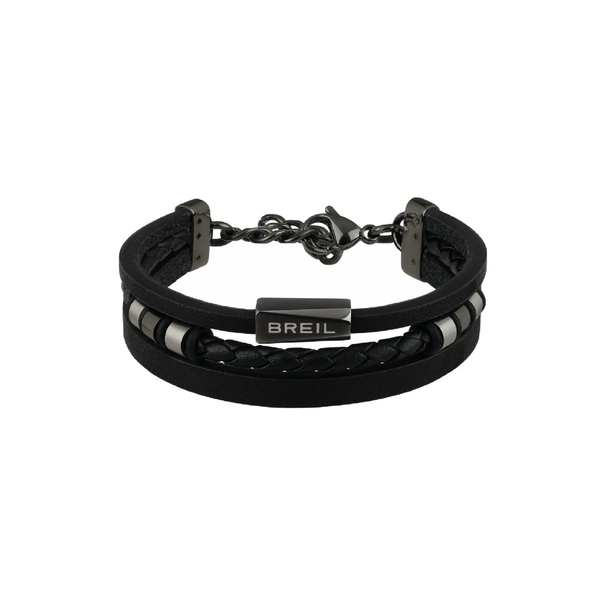 Uomo Breil Bracciali-OUTER-BRACCIALE IN PELLE NERA CON ELEMENTI ACCIAIO